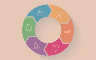 Infográfico ilustando os 6 pilares da Medicina do Estilo de Vida e hábitos saudáveis